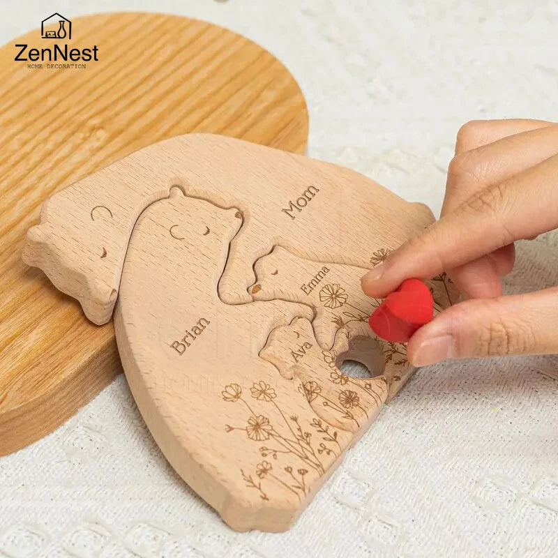 Personalized Bear Family Puzzle — Custom Name Engraving
