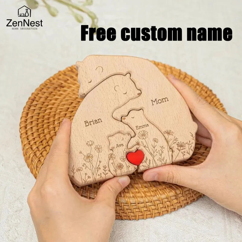 Personalized Bear Family Puzzle — Custom Name Engraving